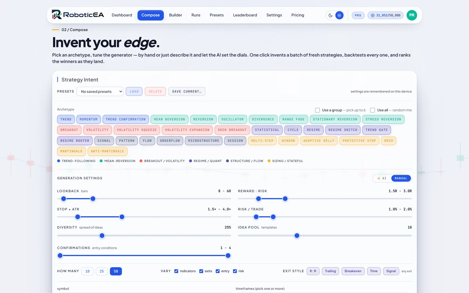 RoboticEA Compose screen showing 34 strategy archetypes grouped into six families with range sliders for lookback, reward to risk, stop multiple, risk per trade and diversity